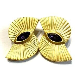 Chunky Vintage Earrings Gold Tone Purple Rhinestone Clip On Signed Mob Wife